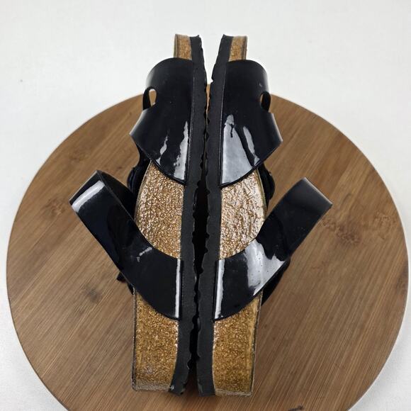 Birki's Sandals Womens Size 8 Black Patent Triple Strap Cork Footbed Shoes - Picture 12 of 13